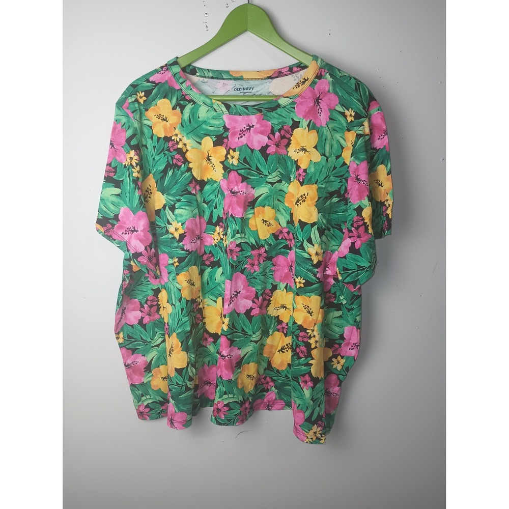 Old Navy EveryWear Womens 3X Tropical Hibiscus Floral Cotton T-Shirt Pink Green